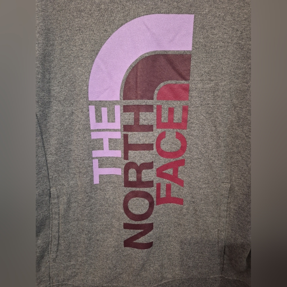The North Face Gray Sweatshirt with Purple and Red Logo